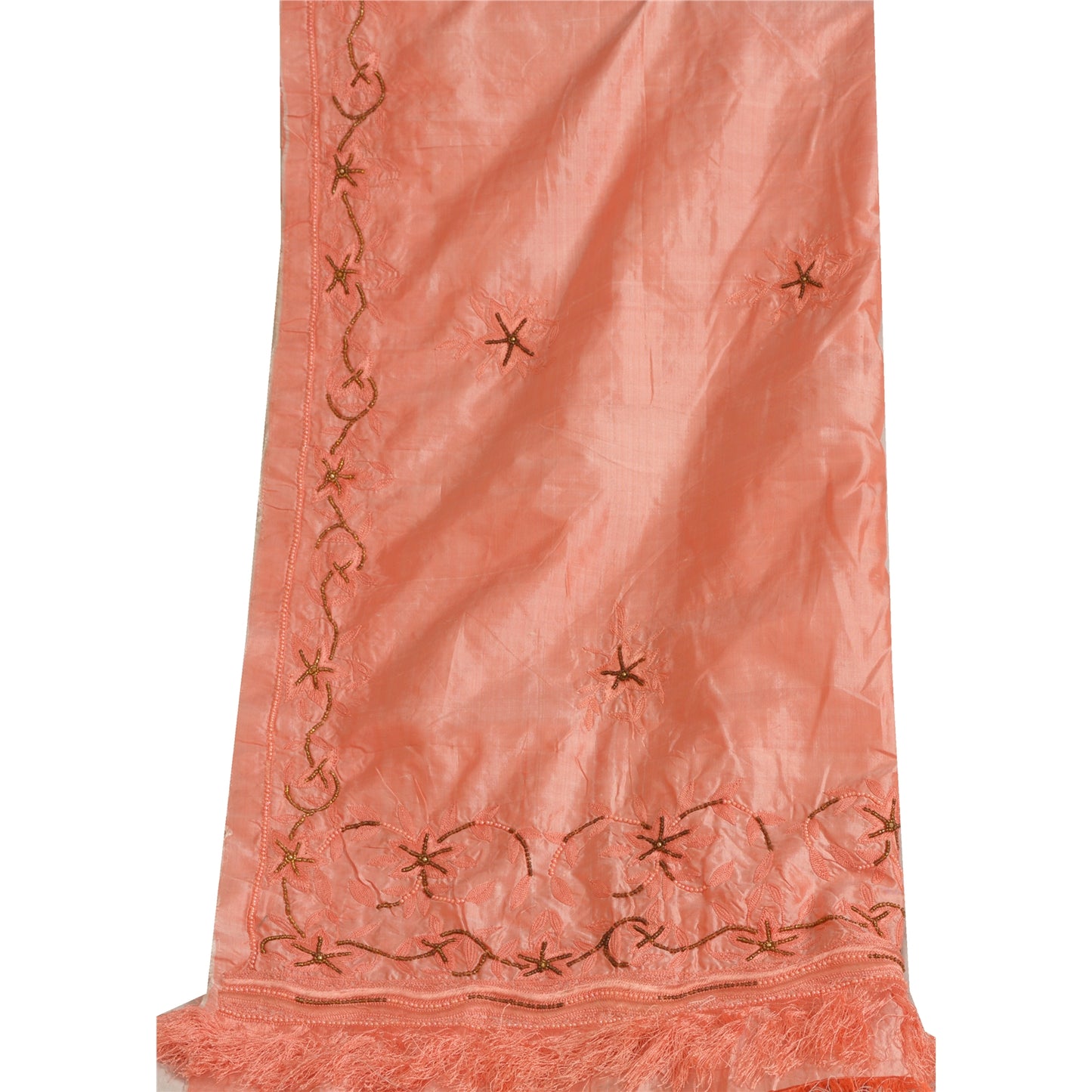 Sanskriti Vintage Long Dupatta Stole Pure Silk Peach Hijab Hand Beaded Scarves