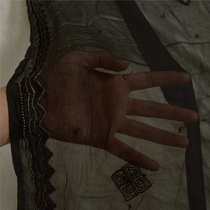 Sanskriti Vintage Long Black Dupatta/Stole Pure Chiffon Silk Hand Beaded Scarves