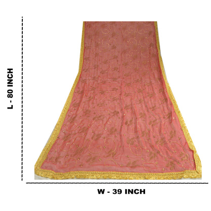 Sanskriti Vintage Long Red Dupatta/Stole Pure Chiffon Silk Hand Beaded Scarves