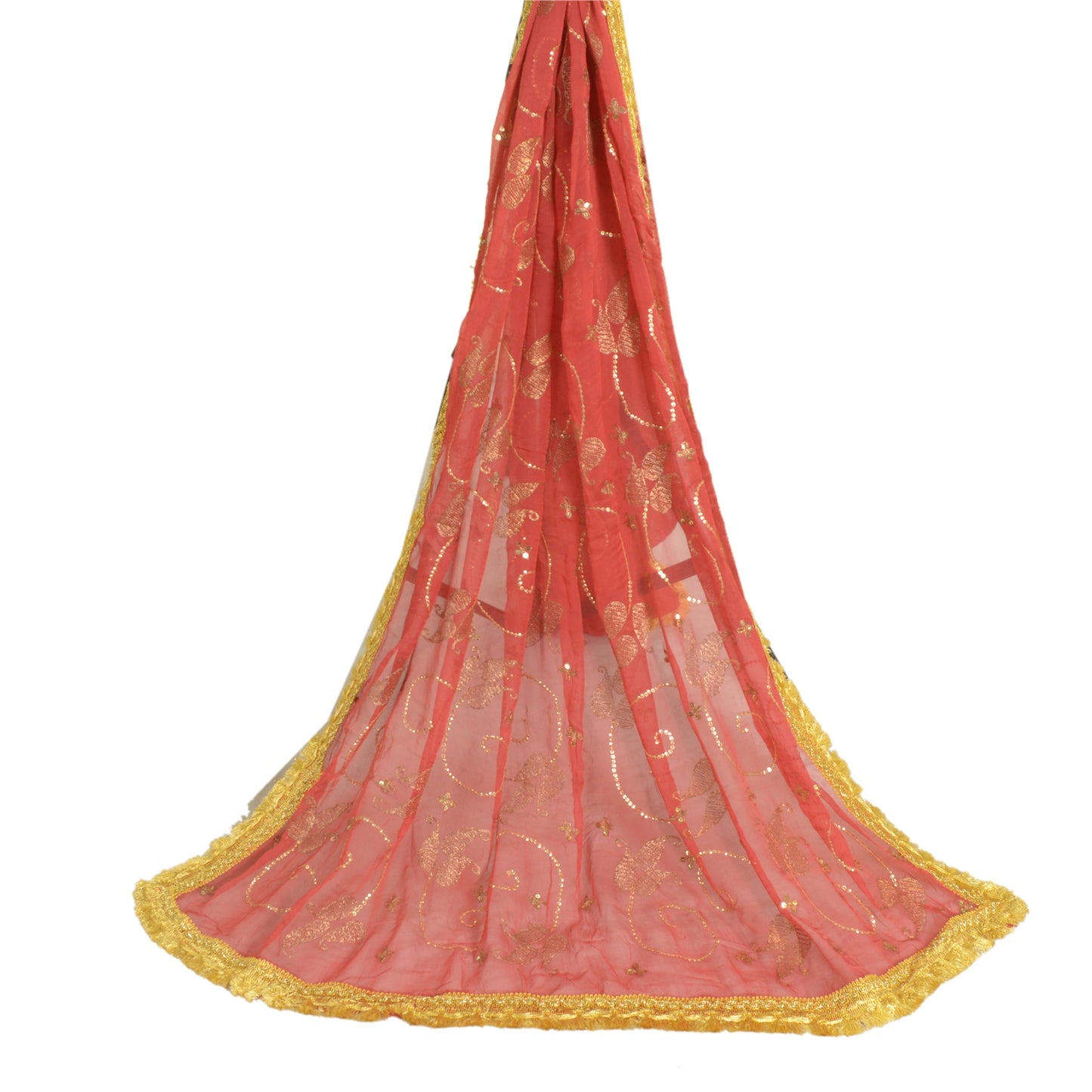 Sanskriti Vintage Long Red Dupatta/Stole Pure Chiffon Silk Hand Beaded Scarves