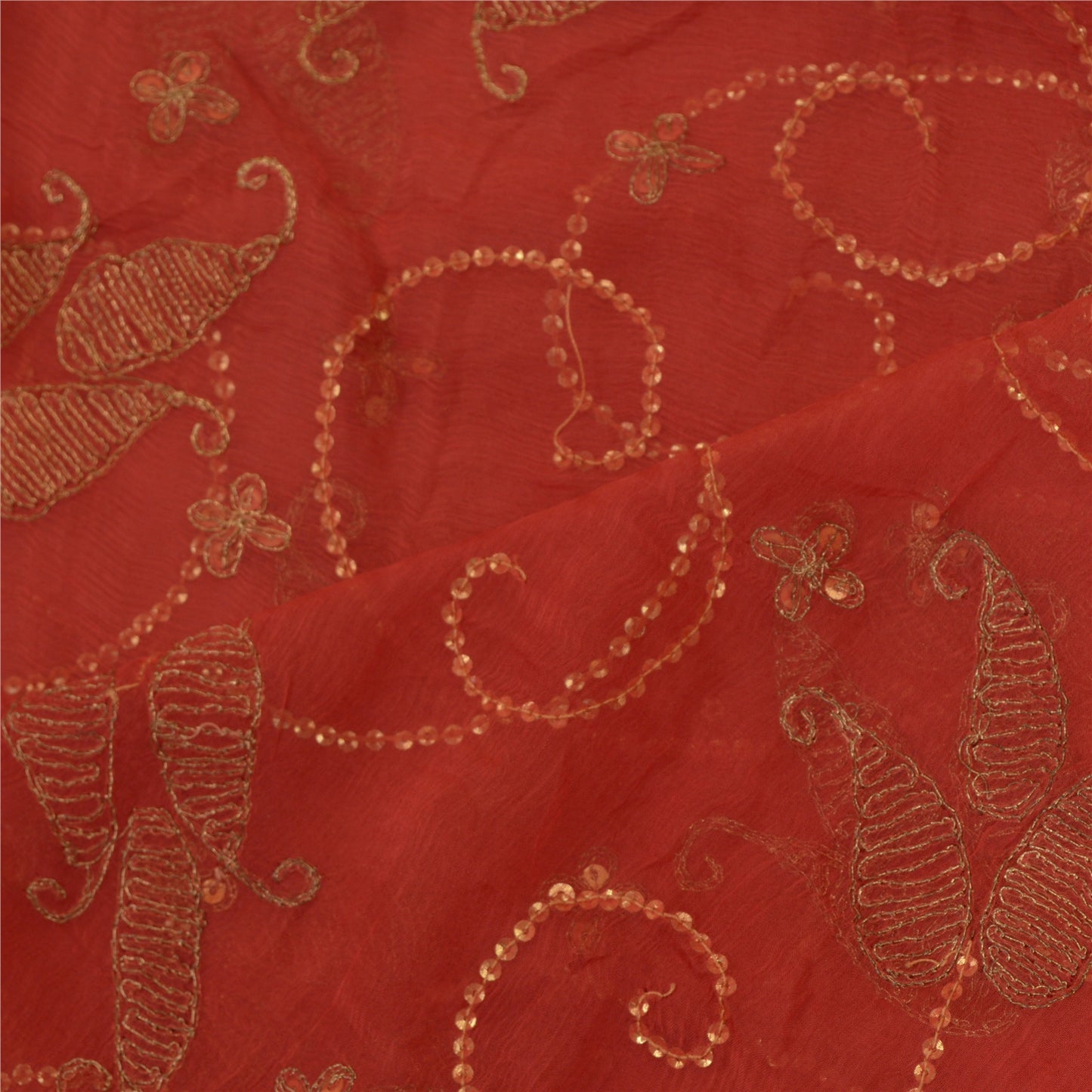 Sanskriti Vintage Long Red Dupatta/Stole Pure Chiffon Silk Hand Beaded Scarves