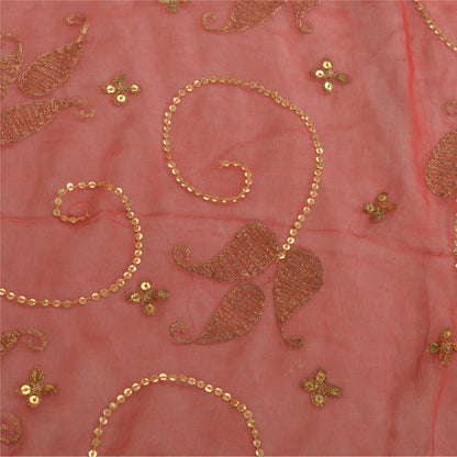 Sanskriti Vintage Long Red Dupatta/Stole Pure Chiffon Silk Hand Beaded Scarves