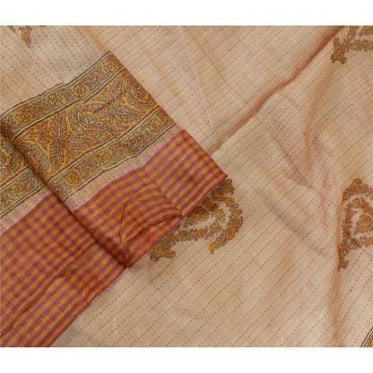 Sanskriti Vintage Long Dupatta Stole Pure Silk Ivory/Saffron Printed Woven Hijab