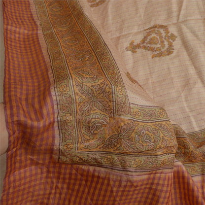 Sanskriti Vintage Long Dupatta Stole Pure Silk Ivory/Saffron Printed Woven Hijab