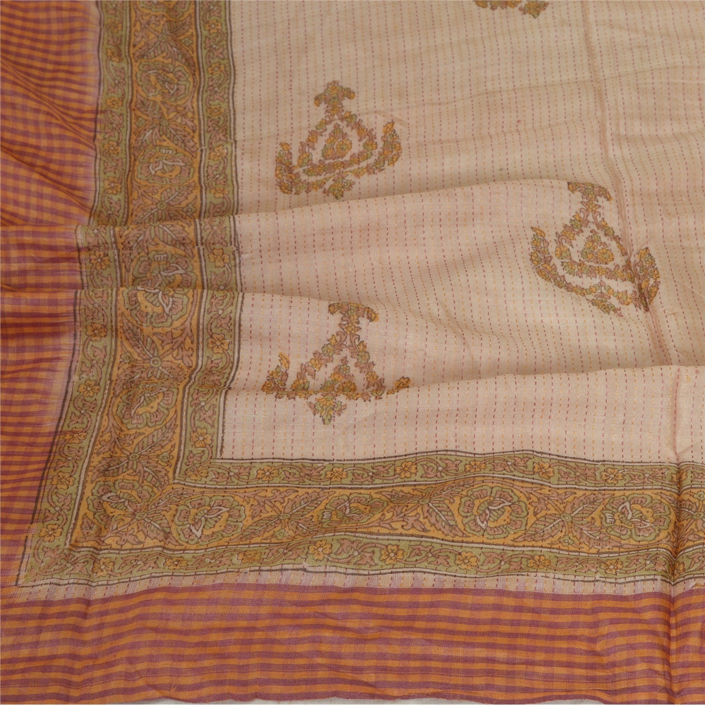 Sanskriti Vintage Long Dupatta Stole Pure Silk Ivory/Saffron Printed Woven Hijab