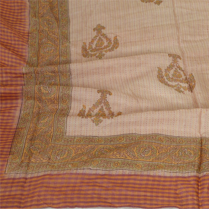 Sanskriti Vintage Long Dupatta Stole Pure Silk Ivory/Saffron Printed Woven Hijab