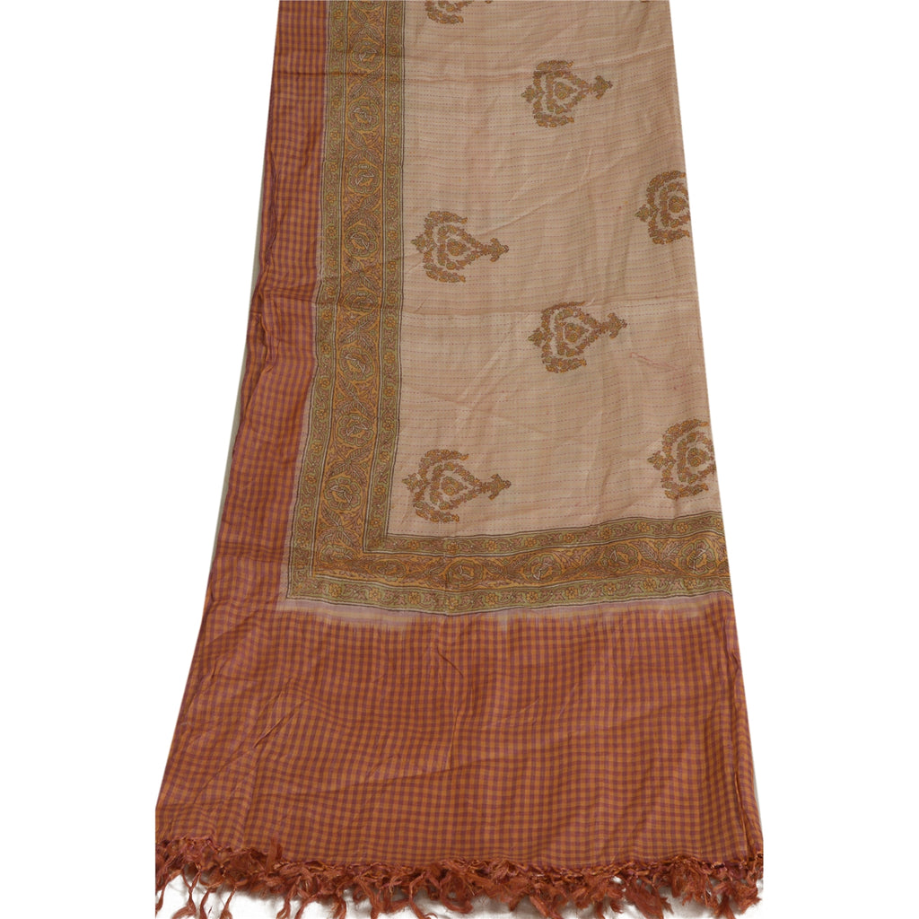 Sanskriti Vintage Long Dupatta Stole Pure Silk Ivory/Saffron Printed Woven Hijab