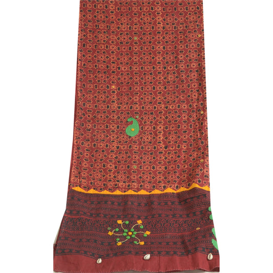 Sanskriti Vintage Long Dupatta Stole Pure Cotton Dark Red Ajrakh Unquie Veil