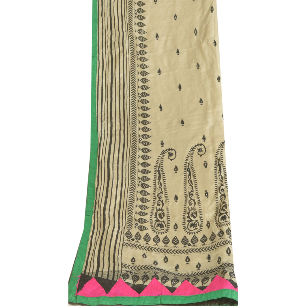 Sanskriti Vintage Ivory Long Dupatta Stole 100% Pure Woolen Block Printed Shawl