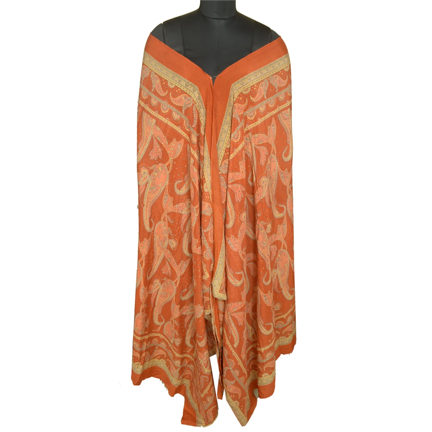Sanskriti Vintage Long Orange Dupatta/Stole Pure Crepe Handmade Mukeish Work
