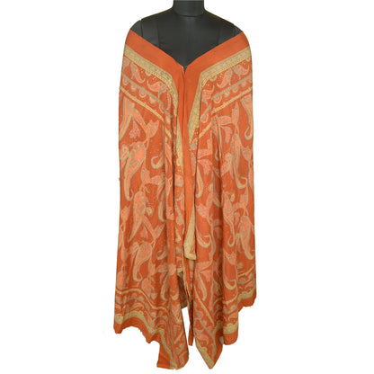 Sanskriti Vintage Long Orange Dupatta/Stole Pure Crepe Handmade Mukeish Work
