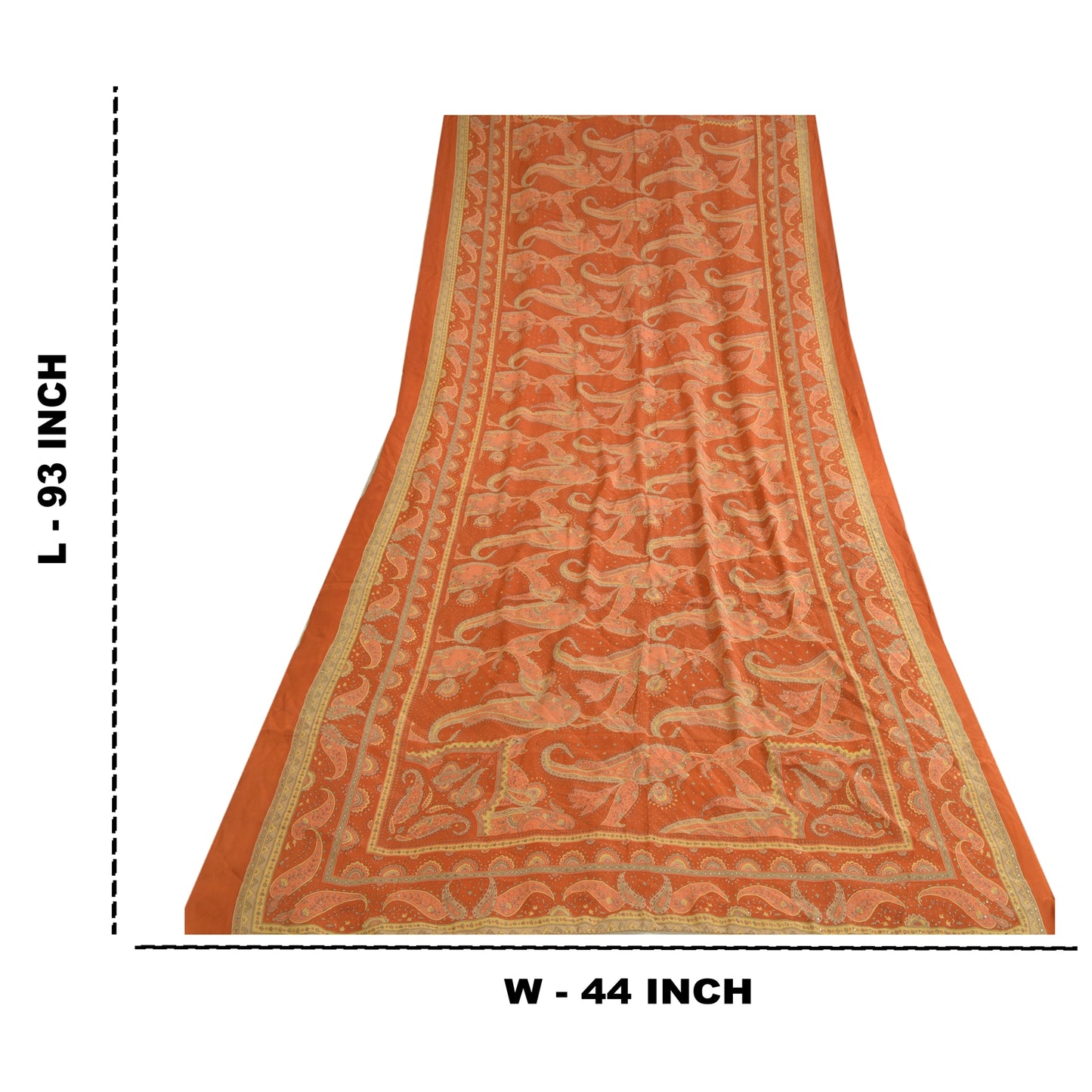 Sanskriti Vintage Long Orange Dupatta/Stole Pure Crepe Handmade Mukeish Work