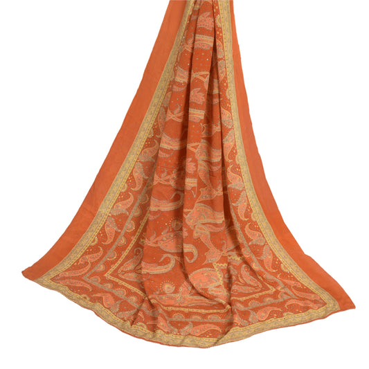 Sanskriti Vintage Lang Orange Dupatta/Stola Ren Crepe Håndlavet Mukeish Arbejde