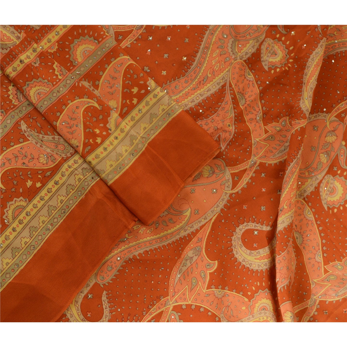Sanskriti Vintage Long Orange Dupatta/Stole Pure Crepe Handmade Mukeish Work