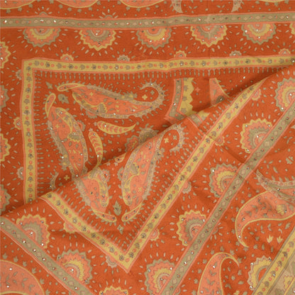 Sanskriti Vintage Long Orange Dupatta/Stole Pure Crepe Handmade Mukeish Work