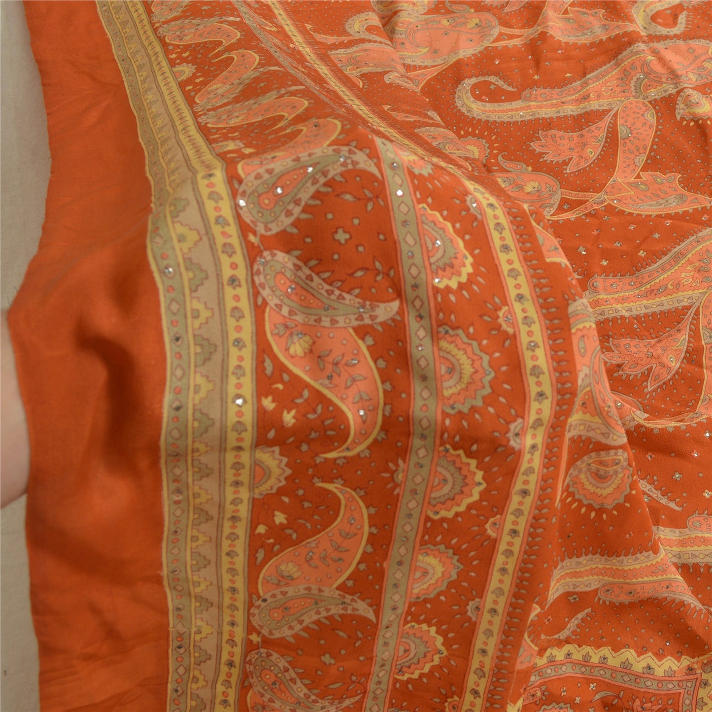 Sanskriti Vintage Long Orange Dupatta/Stole Pure Crepe Handmade Mukeish Work