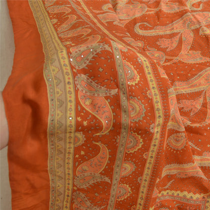 Sanskriti Vintage Long Orange Dupatta/Stole Pure Crepe Handmade Mukeish Work