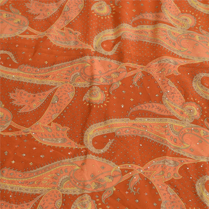Sanskriti Vintage Long Orange Dupatta/Stole Pure Crepe Handmade Mukeish Work