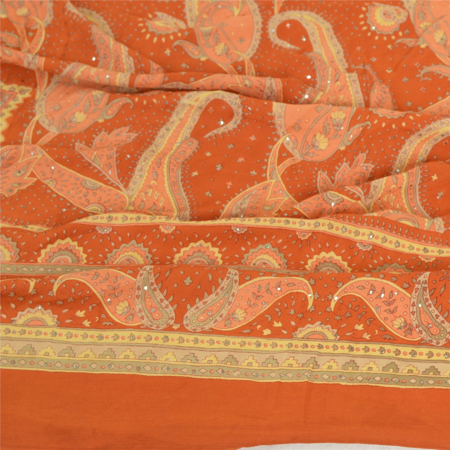 Sanskriti Vintage Long Orange Dupatta/Stole Pure Crepe Handmade Mukeish Work