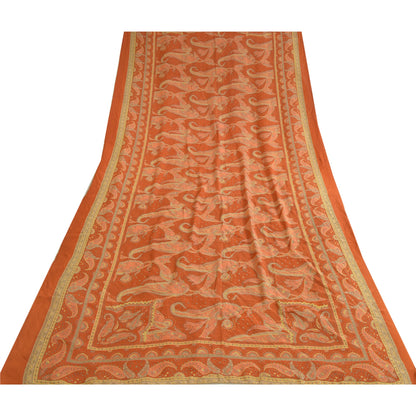 Sanskriti Vintage Long Orange Dupatta/Stole Pure Crepe Handmade Mukeish Work