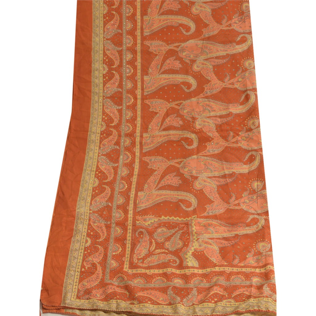 Sanskriti Vintage Long Orange Dupatta/Stole Pure Crepe Handmade Mukeish Work
