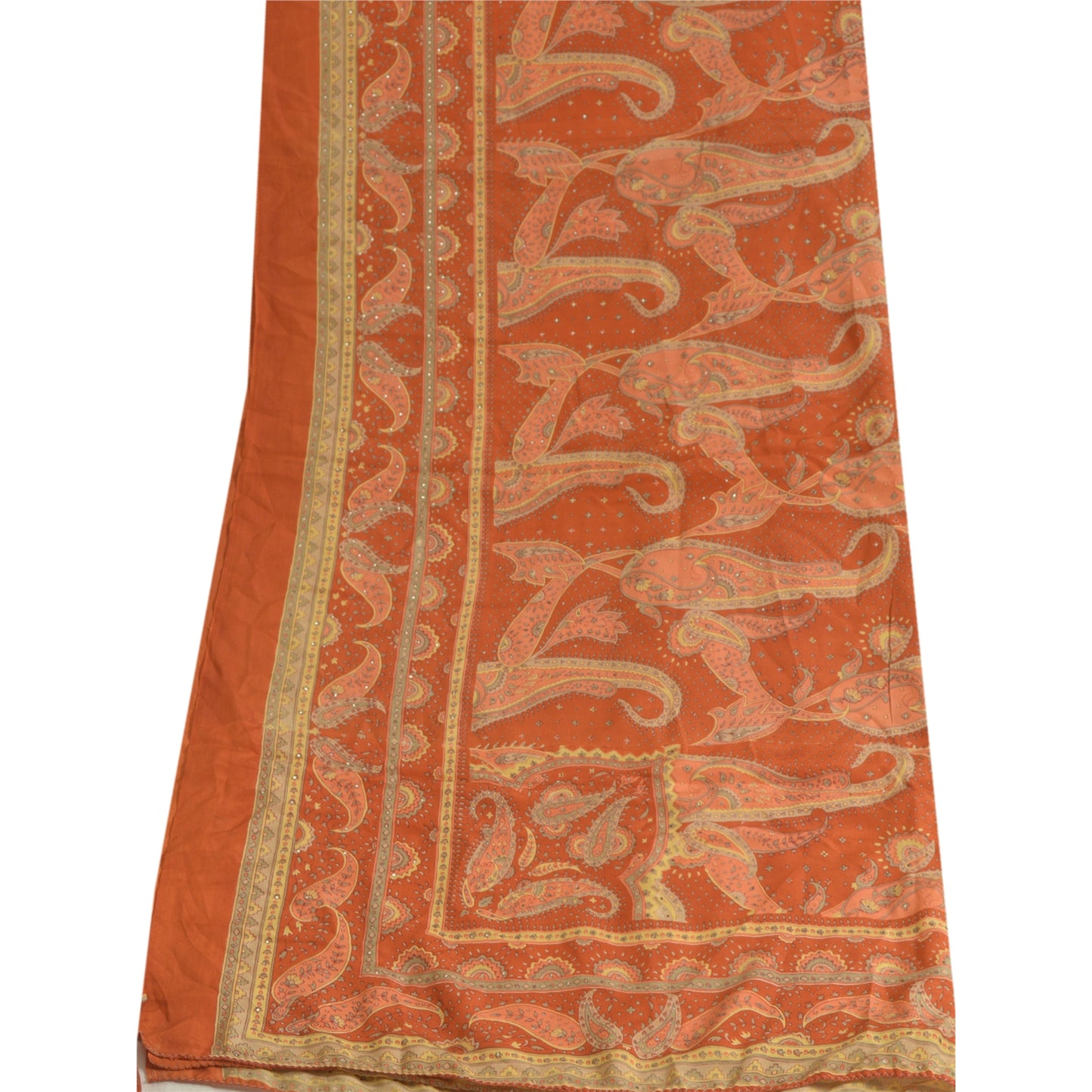 Sanskriti Vintage Long Orange Dupatta/Stole Pure Crepe Handmade Mukeish Work