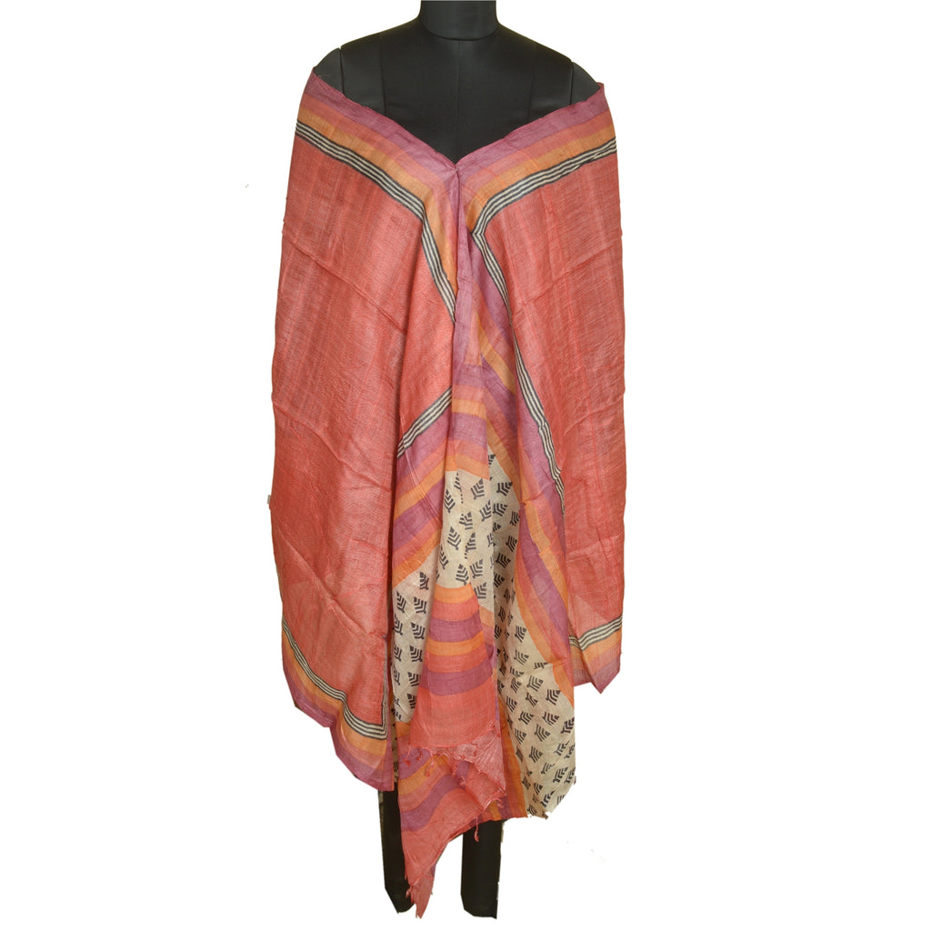 Sanskriti Vintage Fersken Lang Dupatta Stola Ren Silke Håndbloktrykt Slør