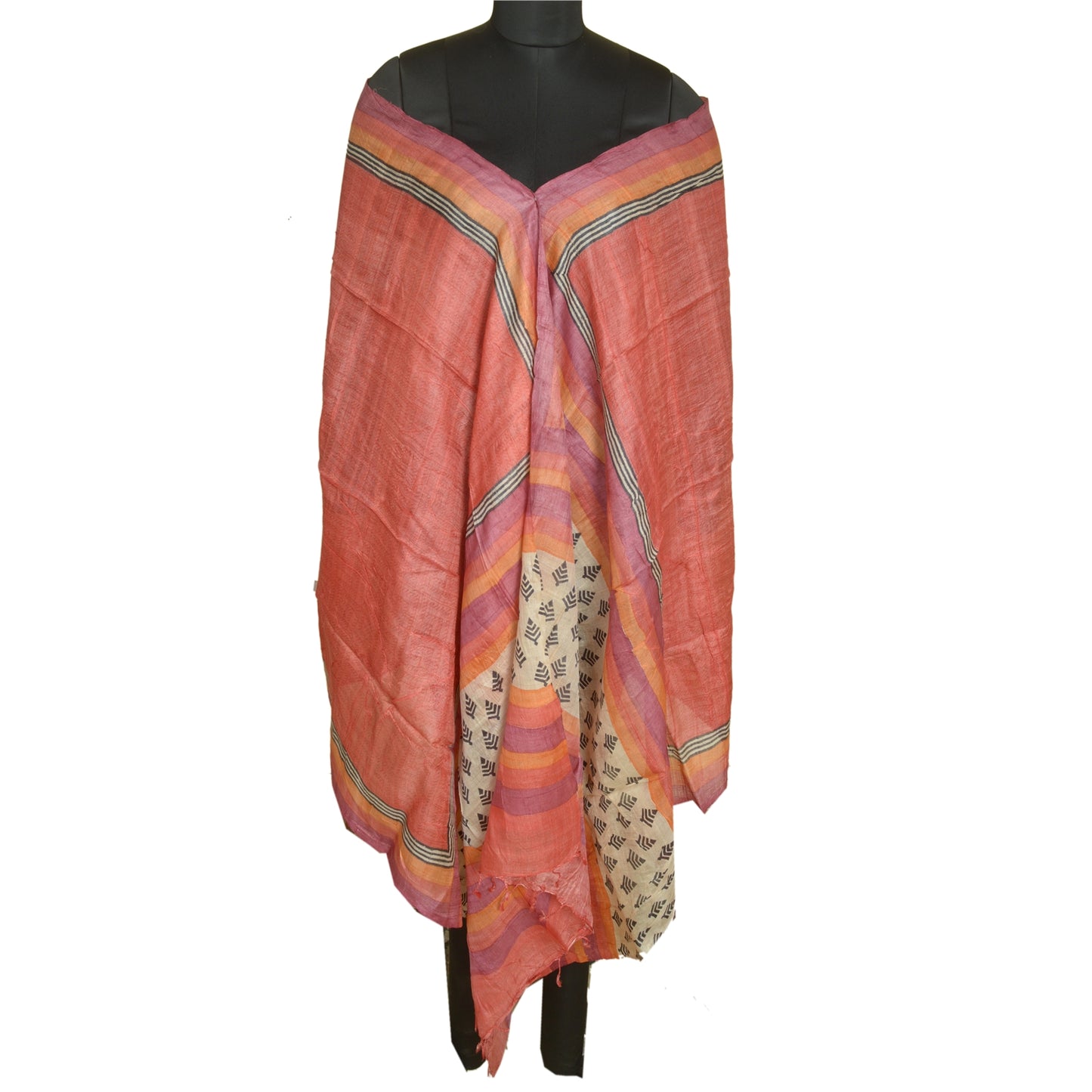 Sanskriti Vintage Fersken Lang Dupatta Stola Ren Silke Håndbloktrykt Slør