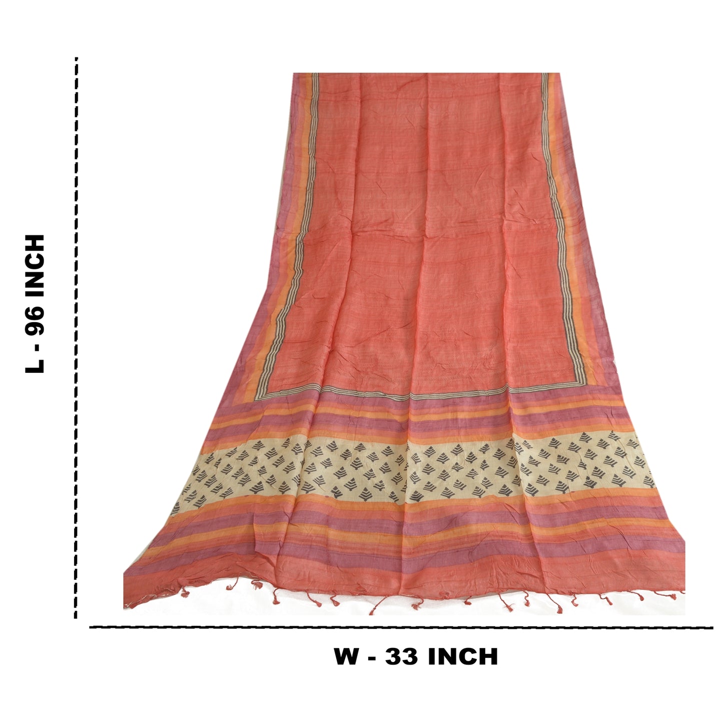 Sanskriti Vintage Fersken Lang Dupatta Stola Ren Silke Håndbloktrykt Slør