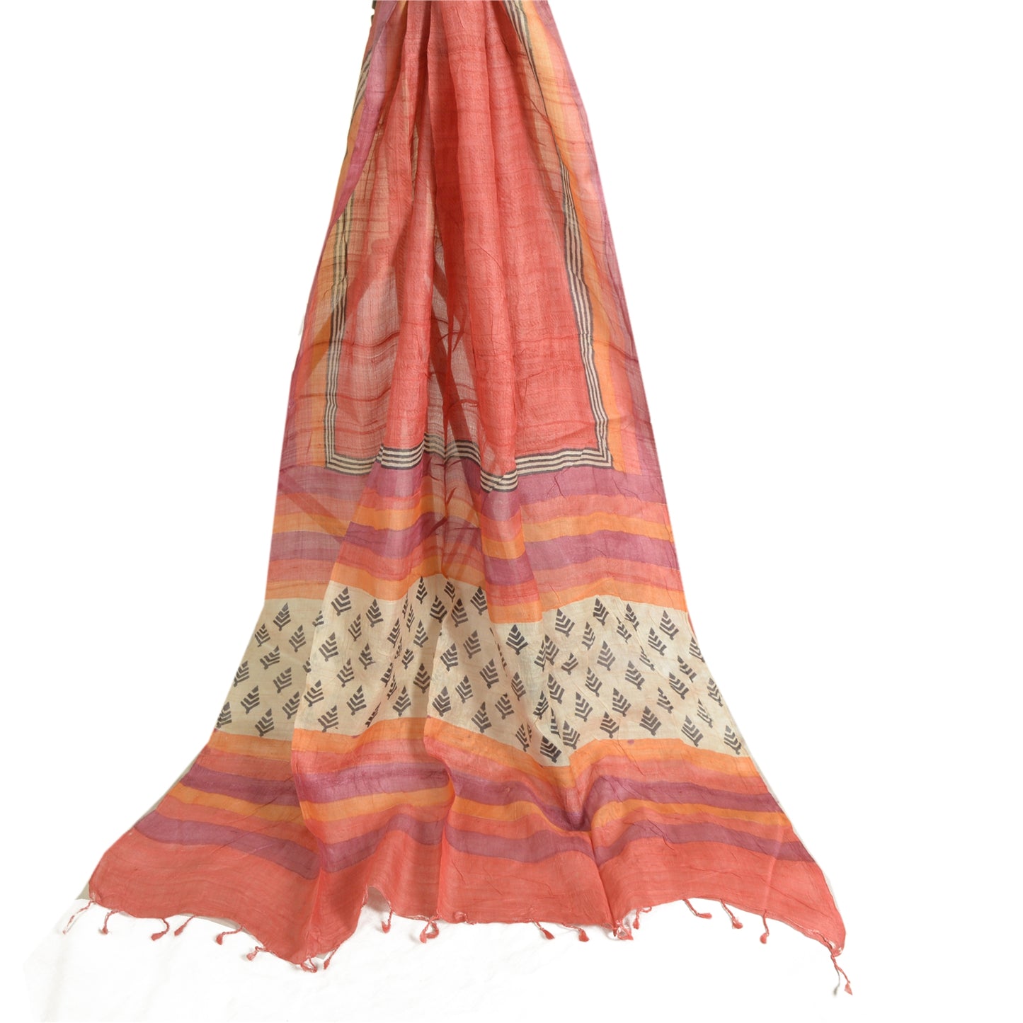 Sanskriti Vintage Fersken Lang Dupatta Stola Ren Silke Håndbloktrykt Slør