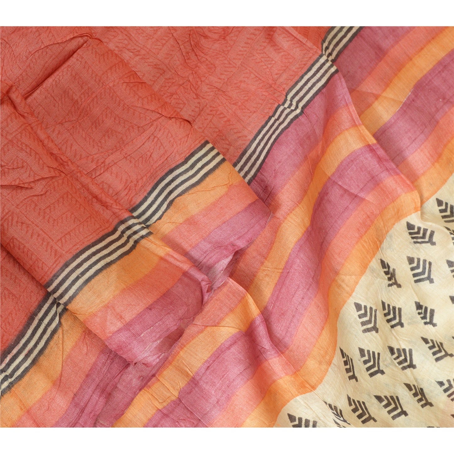 Sanskriti Vintage Fersken Lang Dupatta Stola Ren Silke Håndbloktrykt Slør