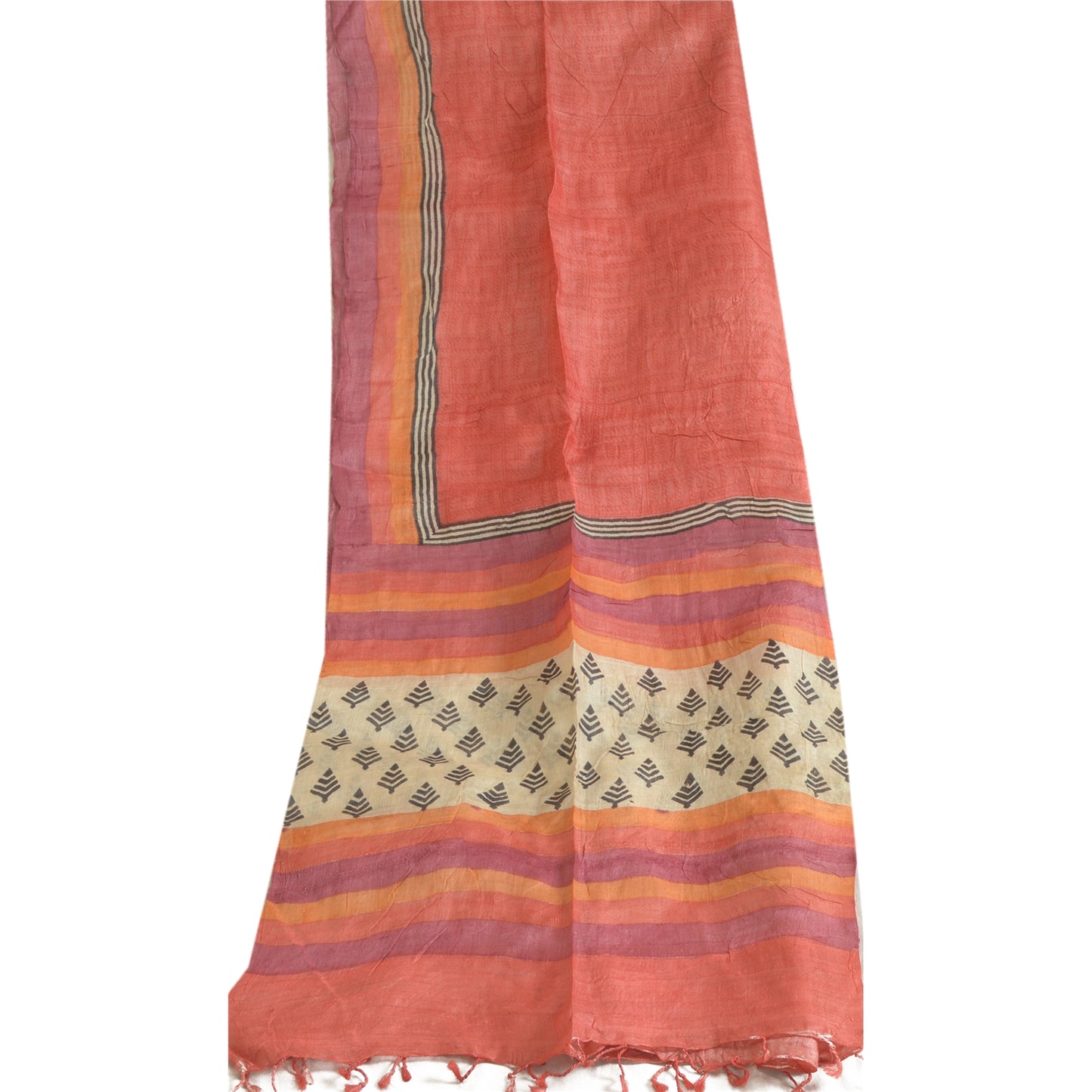 Sanskriti Vintage Fersken Lang Dupatta Stola Ren Silke Håndbloktrykt Slør