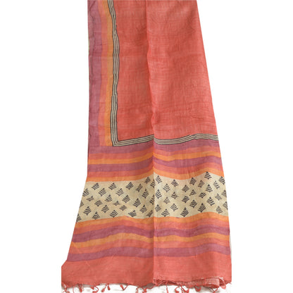 Sanskriti Vintage Fersken Lang Dupatta Stola Ren Silke Håndbloktrykt Slør