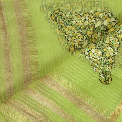 Sanskriti Vintage Long Green Dupatta/Stole Pure Chanderi Silk Handmade Kantha