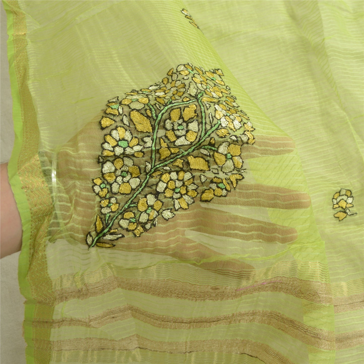 Sanskriti Vintage Long Green Dupatta/Stole Pure Chanderi Silk Handmade Kantha