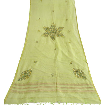Sanskriti Vintage Long Green Dupatta/Stole Pure Chanderi Silk Handmade Kantha
