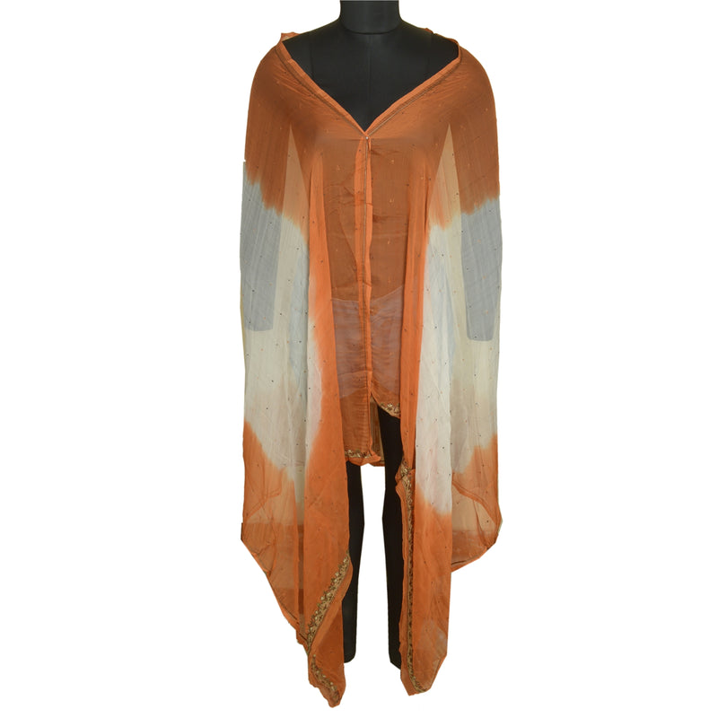 Sanskriti Vintage Orange/Elfenben Lang Dupatta Stola Ren Chiffon Silke Håndlavet