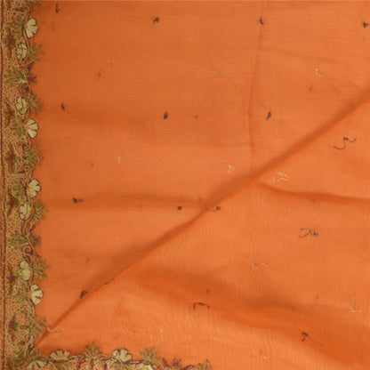 Sanskriti Vintage Orange/Ivory Long Dupatta Stole Pure Chiffon Silk Handmade