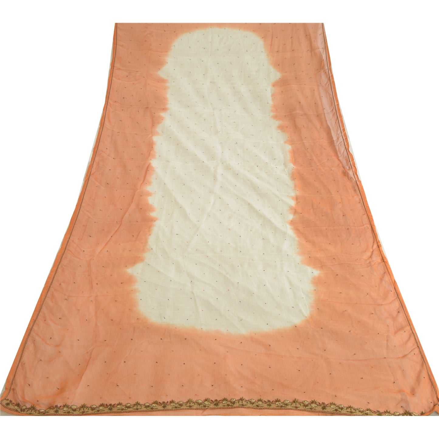 Sanskriti Vintage Orange/Ivory Long Dupatta Stole Pure Chiffon Silk Handmade