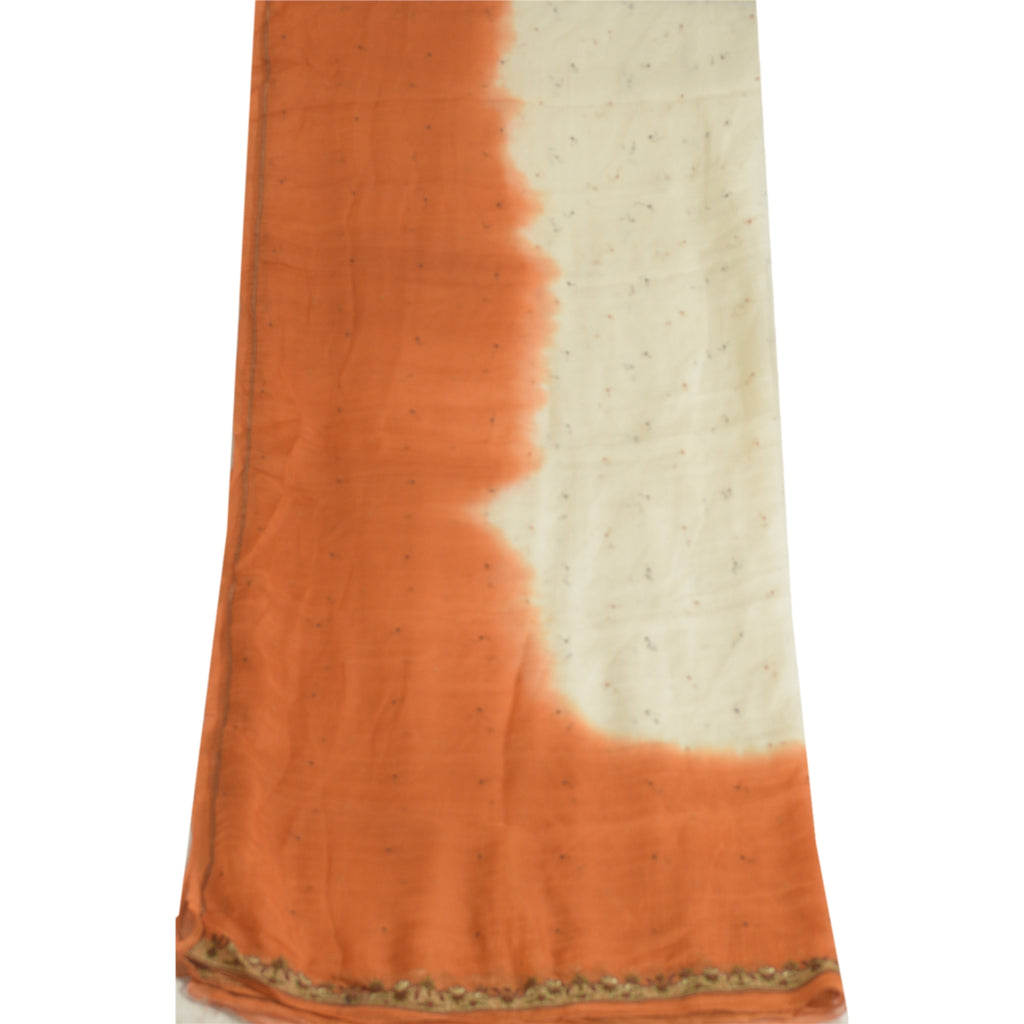 Sanskriti Vintage Orange/Ivory Long Dupatta Stole Pure Chiffon Silk Handmade