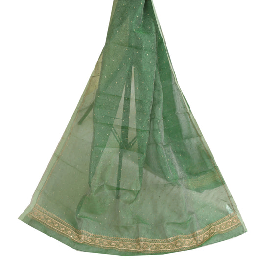 Sanskriti Vintage Long Green Dupatta/Stole Pure Organza Silk Hand Beaded Woven