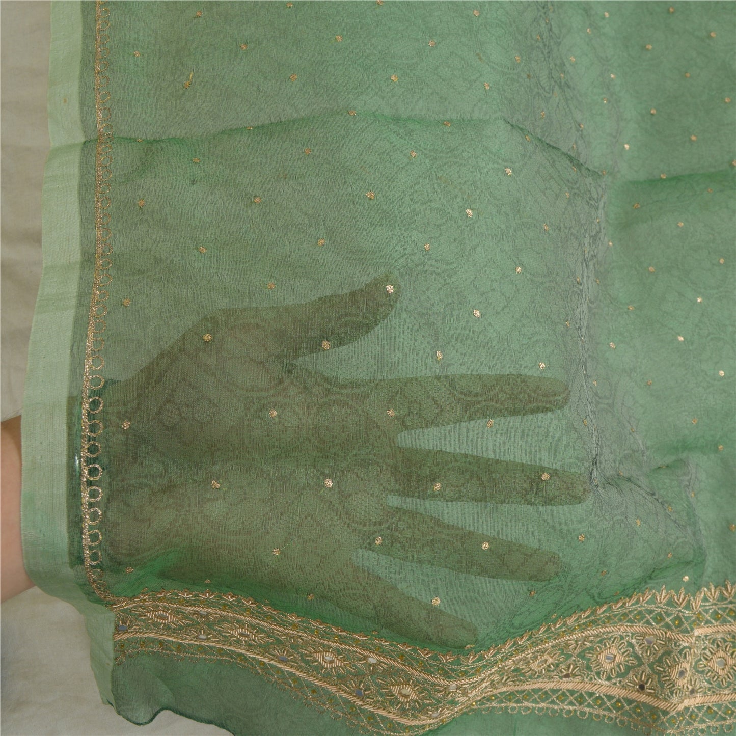 Sanskriti Vintage Long Green Dupatta/Stole Pure Organza Silk Hand Beaded Woven