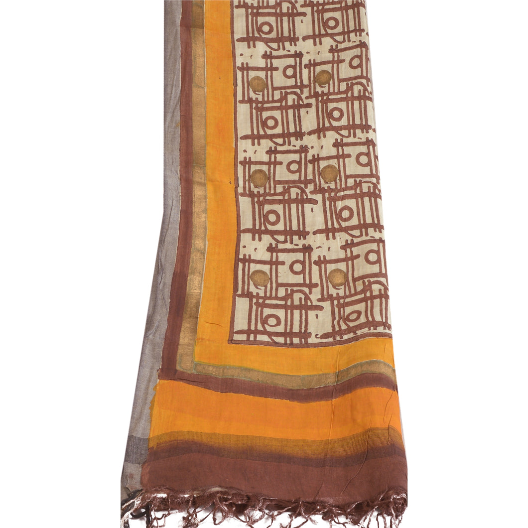 Sanskriti Vintage Long Dupatta Stole Pure Woolen Hand-Painted Ivory/Saffron Veil