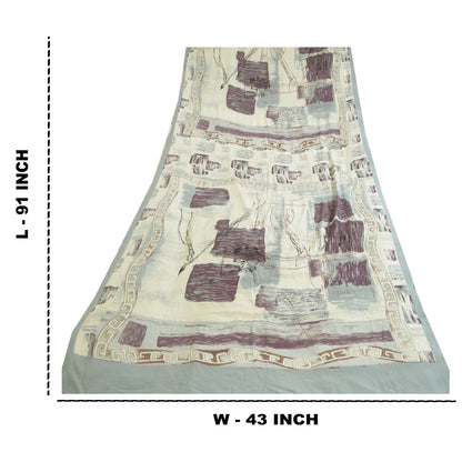 Sanskriti Vintage Long Grey/White Dupatta/Stole Pure Crepe Silk Printed Hijab