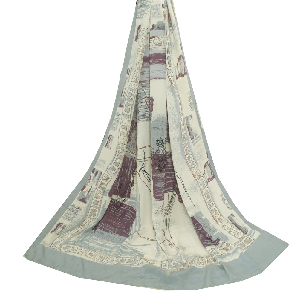 Sanskriti Vintage Long Grey/White Dupatta/Stole Pure Crepe Silk Printed Hijab