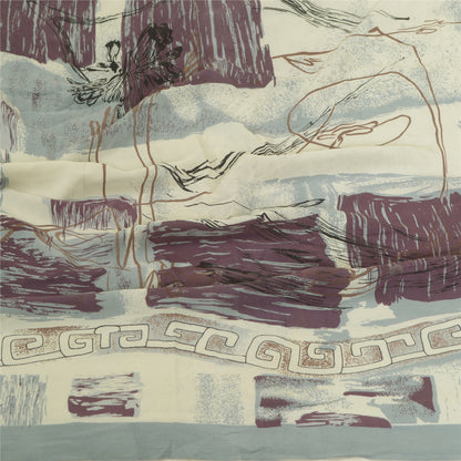 Sanskriti Vintage Long Grey/White Dupatta/Stole Pure Crepe Silk Printed Hijab