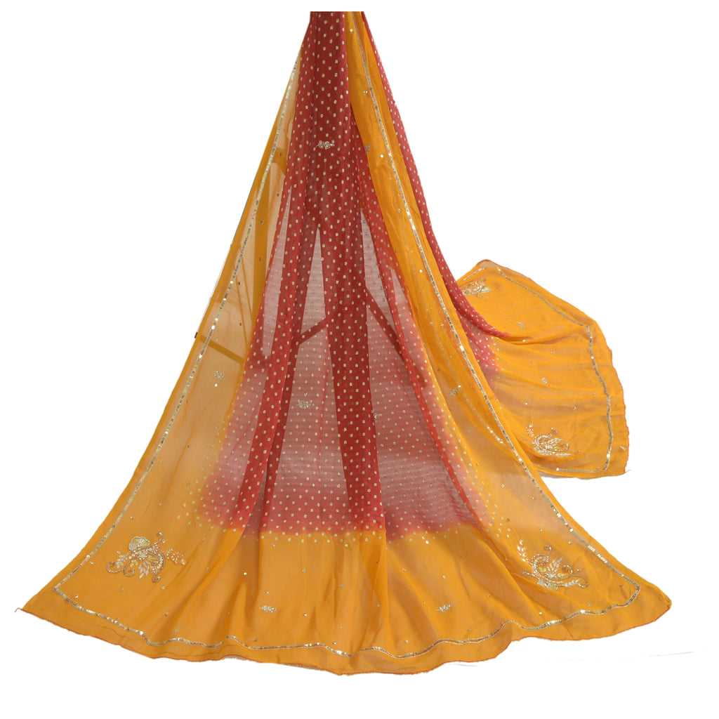 Sanskriti Vintage Long Dark Red/Mustard Dupatta/Stole Pure Georgette Silk Beaded