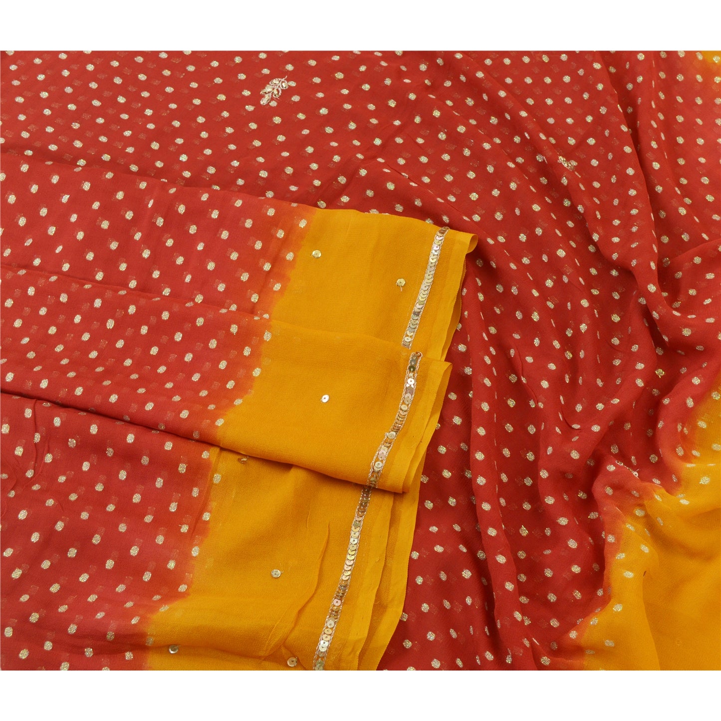 Sanskriti Vintage Long Dark Red/Mustard Dupatta/Stole Pure Georgette Silk Beaded