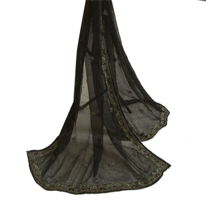 Sanskriti Vintage Long Black Dupatta/Stole Pure Chiffon Silk Hand Beaded Scarves