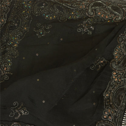 Sanskriti Vintage Long Black Dupatta/Stole Pure Chiffon Silk Hand Beaded Scarves